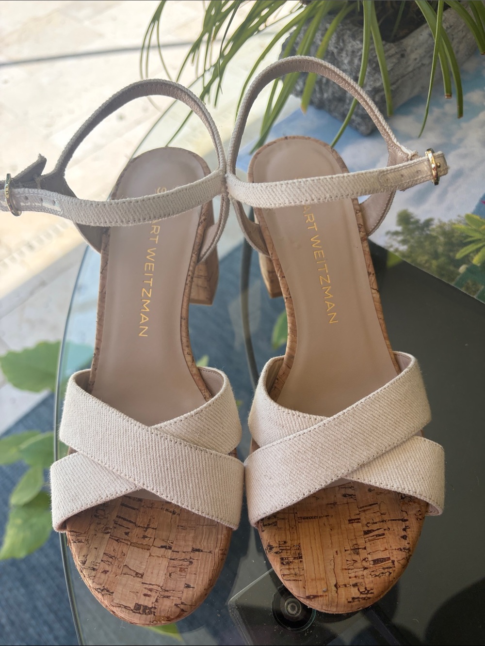 Stuart Weitzman Cream Cross-Strap Cork-Heel Sandals